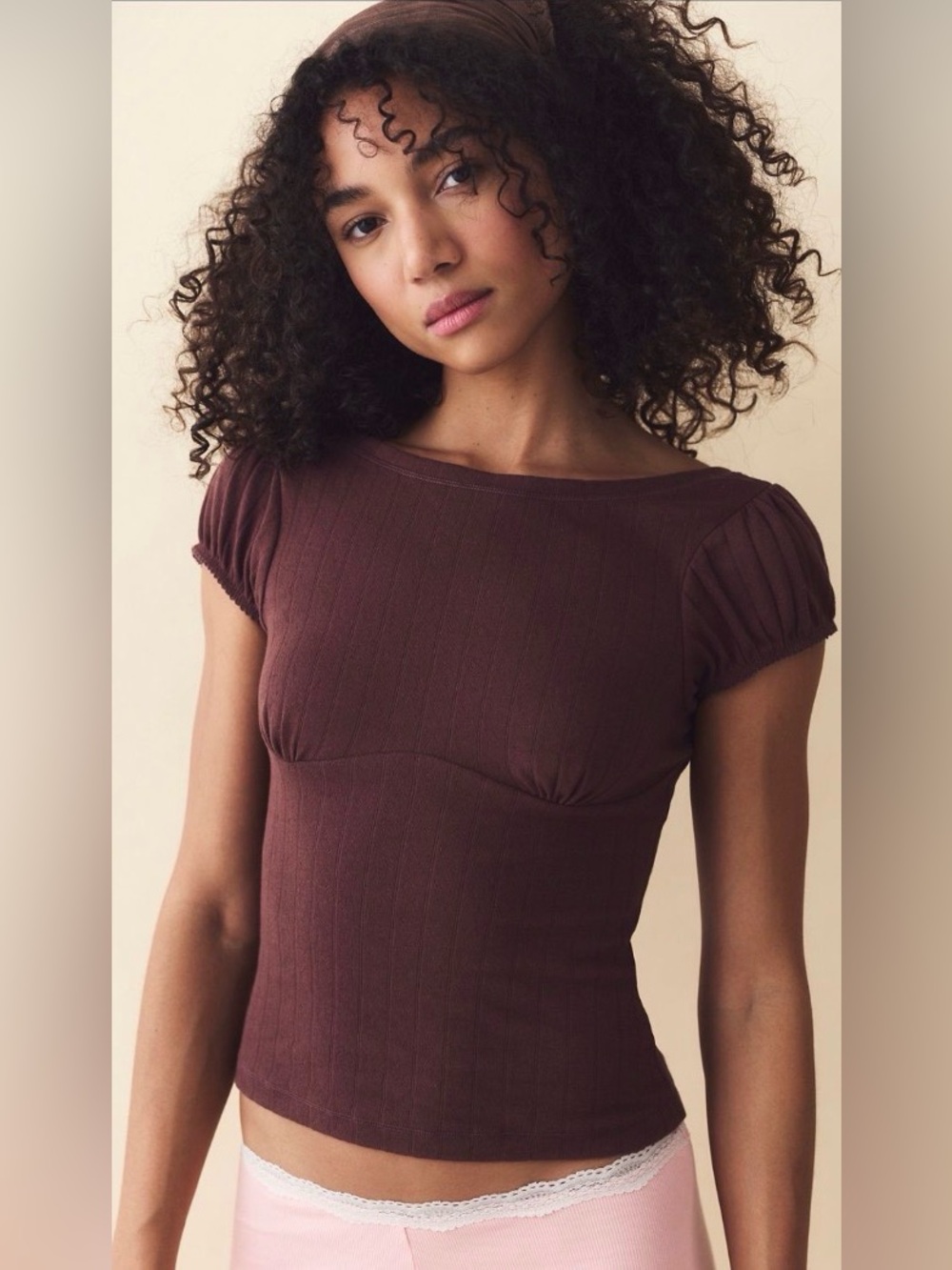 Free people End Game Pointelle Puff Baby Tee. NWT. Brunette